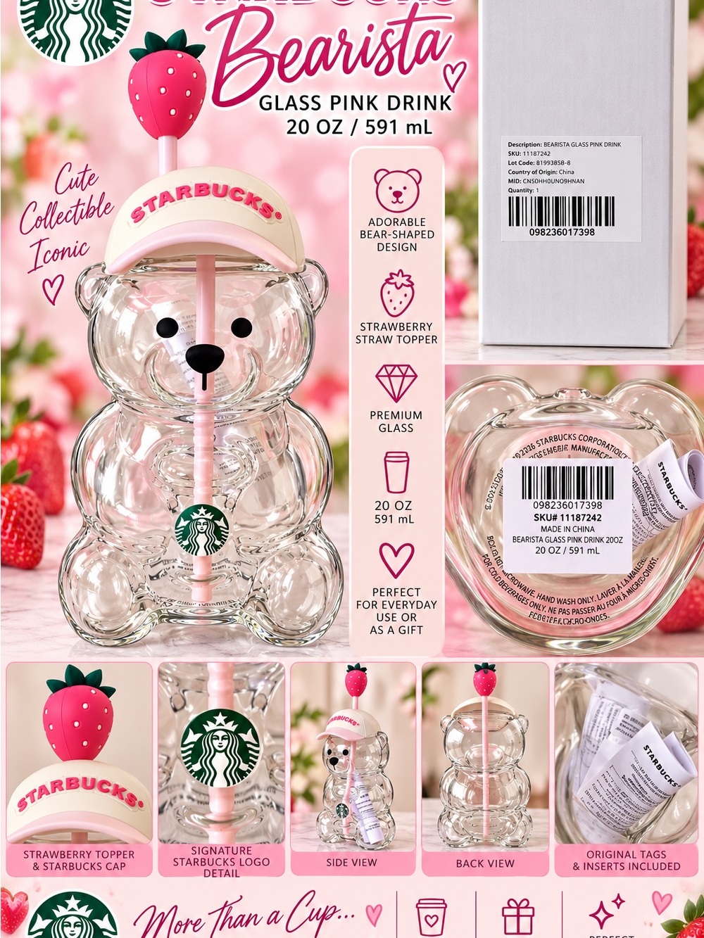 🍓🐻 NEW IN BOX — Starbucks Pink Bearista Glass Pink Drink 20oz / 591 mL